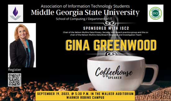 Association of Information Technology Students Coffeehouse Lecture Series: Gina Greenwood flyer.